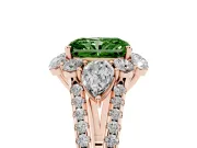 Fancy Green Radiant Cut Diamond Halo Split Shank Engagement Ring Set in Rose gold with Prong-Held Center Stone