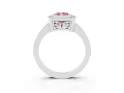 Fancy Pink Cushion Cut Diamond Halo Ring Set in Platinum with Pavé Band and Milgrain-Edged Prongs