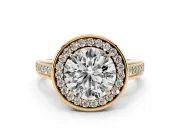Round Cut Diamond Halo Solitaire Ring Set in Yellow gold with Pavé Band and Bezel Setting