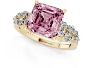 Fancy Pink Asscher Cut Diamond Cluster Engagement Ring Set in Yellow gold with Pavé Band and Prong Setting