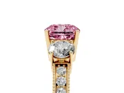 Cushion Cut Three Stone Engagement Ring Setting for a Fancy Pink Lab-Grown Diamond | Graduated Pave Band | Yellow Gold
