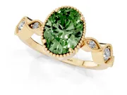Fancy Green Oval Cut Diamond Vintage-Inspired Milgrain Ring Set in Yellow gold with Marquise Stations of Round Accents