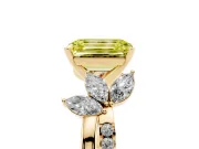 Fancy Yellow Emerald Cut Diamond Floral Vine Solitaire Engagement Ring Set in Yellow gold with Marquise Leaves