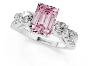 Fancy Pink Emerald Cut Diamond Three-Stone Ring Set in Platinum with Pavé Split Shank and Prong Setting