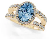 Oval Halo Split Shank Engagement Ring Setting for a Fancy Blue Lab-Grown Diamond | Yellow Gold
