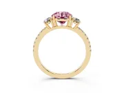 Fancy Pink Round Cut Diamond Three-Stone Ring Set in Yellow gold with Pavé Band and Graduated Sides
