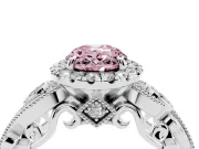 Fancy Pink Oval Cut Diamond Halo Ring Set in Platinum with Milgrain Pavé Band and Prong Setting