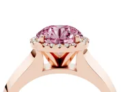 Fancy Pink Round Cut Diamond Halo Ring Set in Rose gold with Cathedral Band and Prong Setting