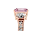 Fancy Pink Emerald Cut Diamond Three-Stone Ring Set in Rose gold with Round Side Stones and Pavé Band