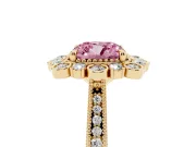 Fancy Pink Cushion Cut Diamond Halo Milgrain Pavé Ring Set in Yellow gold with Prong Setting