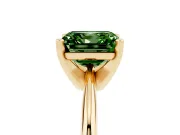Fancy Green Asscher Cut Diamond Solitaire Ring Set in Yellow gold with Prong Setting on a Plain Round Band
