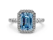 Fancy Blue Emerald Cut Diamond Halo Ring Set in Silver with Delicate Pavé Band and Prong Setting