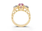 Cushion Cut Three Stone Engagement Ring Setting for a Fancy Pink Lab-Grown Diamond | Beaded Shoulders | Yellow Gold
