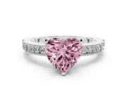 Fancy Pink Heart Cut Diamond Solitaire Ring Set in Platinum with Slim Pavé Band and Prong Setting