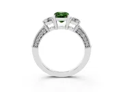 Fancy Green Emerald Cut Diamond Three-Stone Ring Set in Platinum with Round Side Stones and Pavé Band