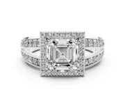 Asscher Cut Halo Engagement Ring Setting | Two-Row Pave Split Shank | Sterling Silver