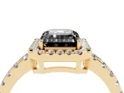 Fancy Black Emerald Cut Diamond Halo Ring Set in Yellow gold with Delicate Pavé Band and Prong Setting