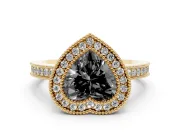 Fancy Black Heart Cut Diamond Round Halo Ring Set in Yellow gold with Pavé Band