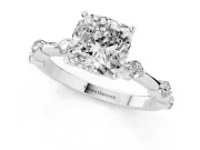 Cushion Cut Diamond Solitaire Ring Set in White gold with Bezel Set Side Stones and Prong Setting