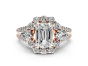 Emerald Cut Diamond Halo Split Shank Engagement Ring Set in Rose gold with Prong-Held Center Stone