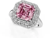 Fancy Pink Asscher Cut Diamond Halo Engagement Ring Set in Platinum with Solitaire Band and Prong Setting