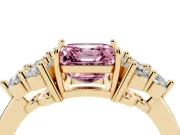 Fancy Pink Asscher Cut Diamond Solitaire Ring Set in Yellow gold with Cluster Accents on Each Side