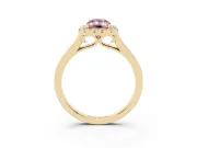 Fancy Pink Emerald Cut Halo Round Diamond Solitaire Ring Set in Yellow gold with Pavé Band and Prong Setting
