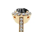 Fancy Black Round Cut Diamond Floral Halo Ring Set in Yellow gold with Pavé Band and Prong Setting