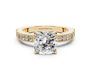 Cushion Cut Diamond Solitaire Ring Set in Yellow gold with Slim Pavé Band and Prong Setting