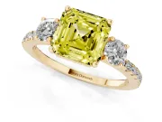 Asscher Cut Three Stone Engagement Ring Setting for a Fancy Yellow Lab-Grown Diamond | Pave Shoulders | Yellow Gold
