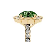 Fancy Green Round Cut Diamond Milgrain Floral Halo Engagement Ring Set in Yellow gold with Pavé Band
