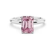Fancy Pink Emerald Cut Diamond Solitaire Engagement Ring Set in White gold with Prong Setting and Polished Band
