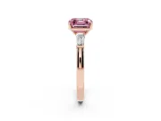 Fancy Pink Asscher Cut Diamond Solitaire Ring Set in Rose gold with Tapered Baguette Side Stones and Prong Setting
