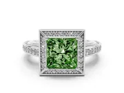 Fancy Green Princess Cut Diamond Halo Pavé Split Shank Ring Set in Silver with Prong Setting