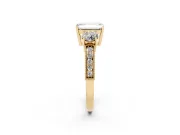 Emerald Cut Diamond Three-Stone Ring Set in Yellow gold with Round Side Stones and Pavé Band
