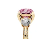 Cushion Cut Hidden Halo Three Stone Engagement Ring Setting for a Fancy Pink Lab-Grown Diamond | Yellow Gold