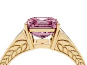 Fancy Pink Asscher Cut Diamond Split Shank Ring Set in Yellow gold with Pavé Band and Prong Setting