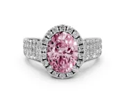 Fancy Pink Oval Cut Diamond Halo Ring Set in Silver with Pavé Band and Raised Center Setting