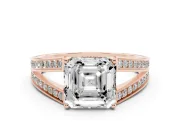 Asscher Cut Diamond Split Shank Ring Set in Rose gold with Pavé Band and Prong Setting