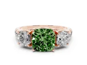 Fancy Green Cushion Cut Diamond Three-Stone Ring Set in Rose gold with Pavé Band