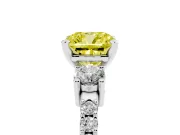 Fancy Yellow Three-Stone Cushion Cut Diamond Pavé Band Ring Set in Platinum with Prong Setting