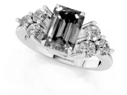 Fancy Black Emerald Cut Diamond Solitaire Ring Set in White gold with Cluster Accents on Each Side