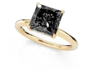 Fancy Black Princess Cut Diamond Solitaire Ring Set in Yellow gold with Thin Band and Prong Setting