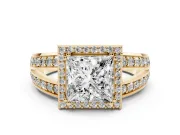 Princess Cut Halo Engagement Ring Setting | Two-Row Pave Split Shank | Yellow Gold