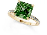 Fancy Green Asscher Cut Diamond Brilliant Solitaire Ring Set in Yellow gold with Pavé Band and Prong Setting
