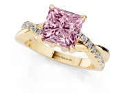 Fancy Pink Princess Cut Diamond Twist Band Solitaire Set in Yellow gold with Pavé Accents and Prong Setting