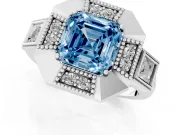 Fancy Blue Asscher Cut Diamond Milgrain Halo Ring Set in Platinum with Split Shank