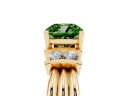 Fancy Green Three-Stone Cushion Cut Diamond Channel Set Ring Set in Yellow gold with Bar Prongs