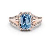 Emerald Cut Split Shank Halo Engagement Ring Setting for a Fancy Blue Lab-Grown Diamond | Rose Gold