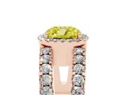 Fancy Yellow Cushion Cut Diamond Halo Ring Set in Rose gold with Pavé Split Shank and Prong Setting